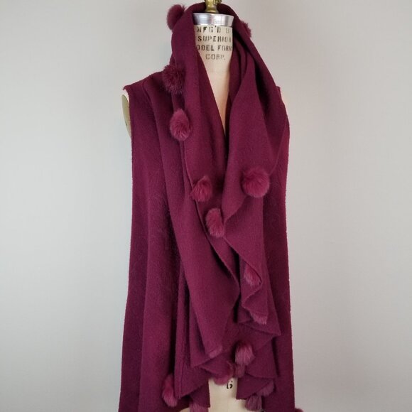 Vintage Wine Burgundy Knit Long Vest with Dramatic Collar & Rabbit Fur Pom Poms - Picture 1 of 11